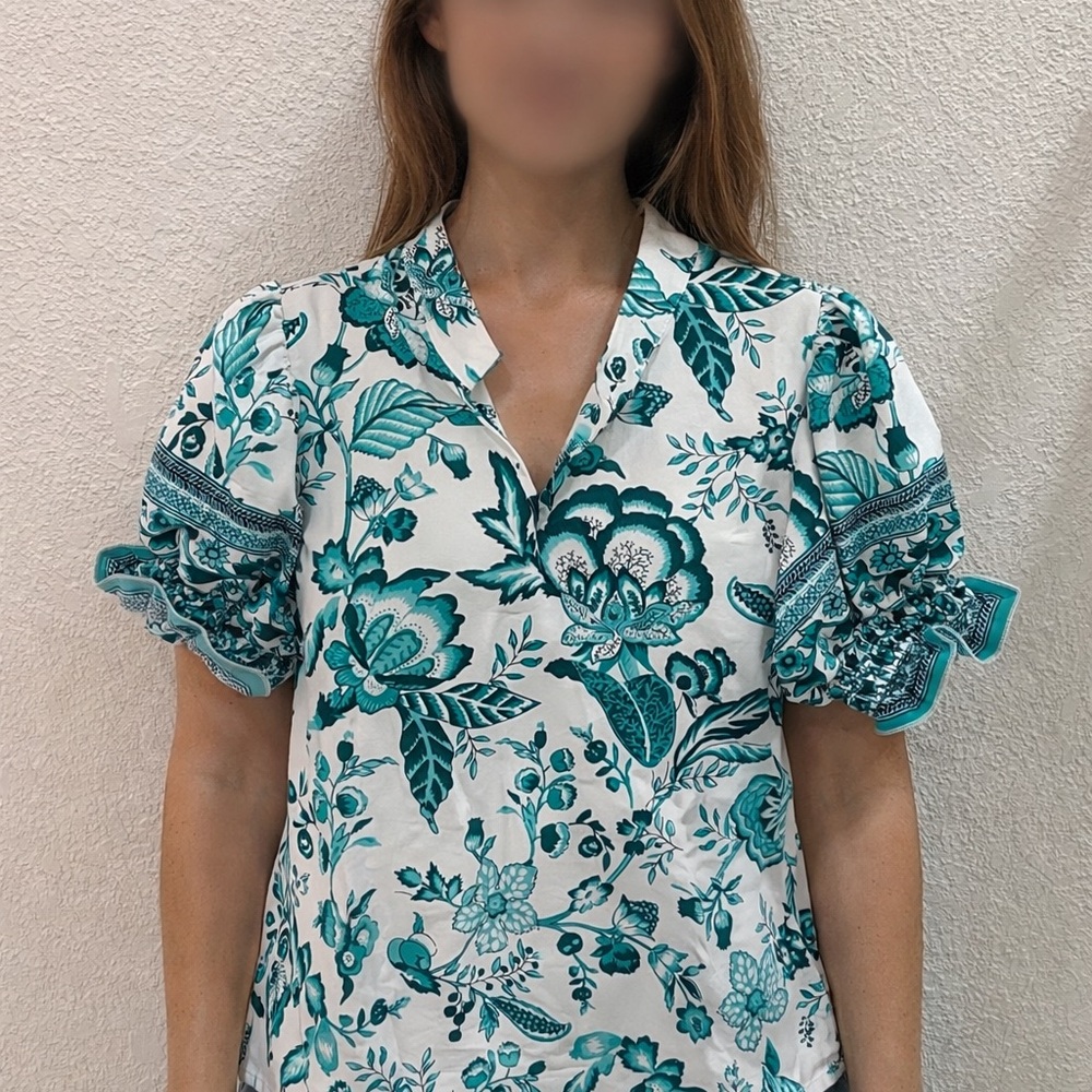 SHEIN Teal Floral V-Neck Puff Sleeve Blouse